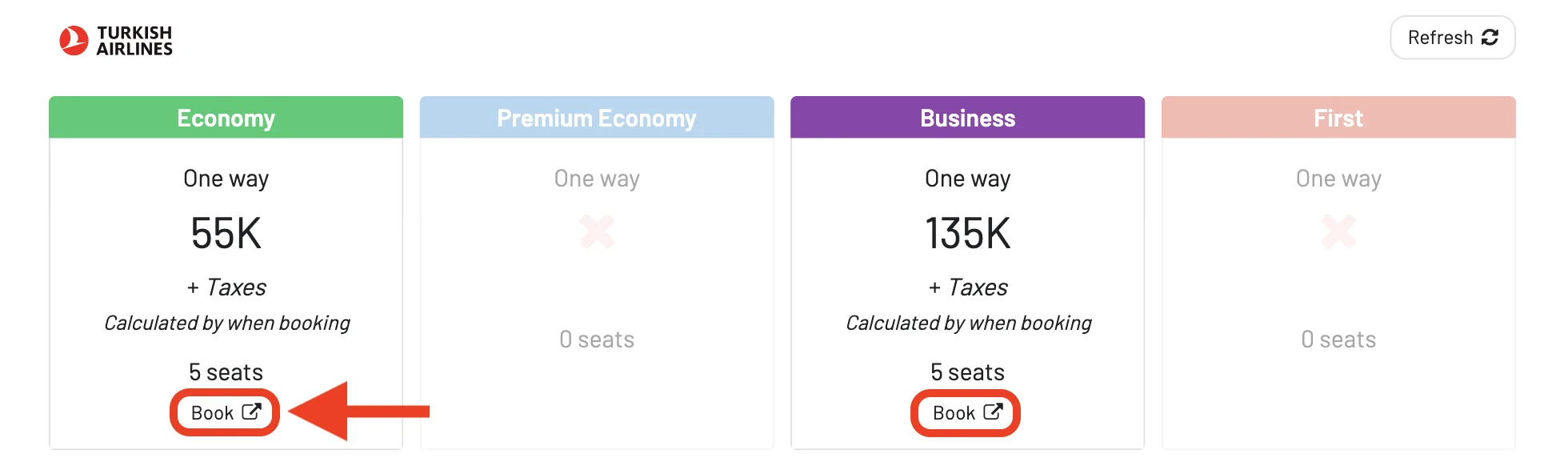 AwardFares redirects you to Turkish Airlines' website to book Miles&Smiles award flights.