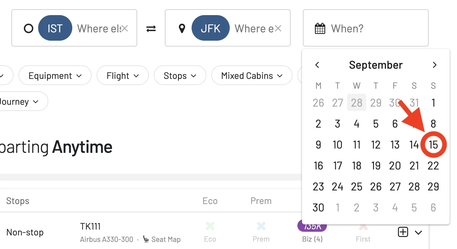 Select the desired date to find Turkish Airlines Award Flights.