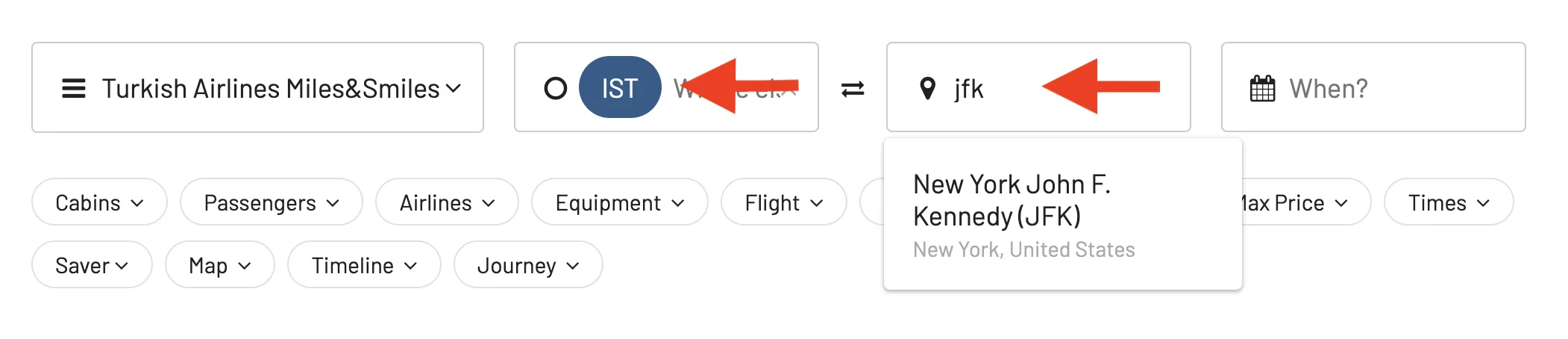 Select the origin and destination city to search for Turkish Airlines award flights.