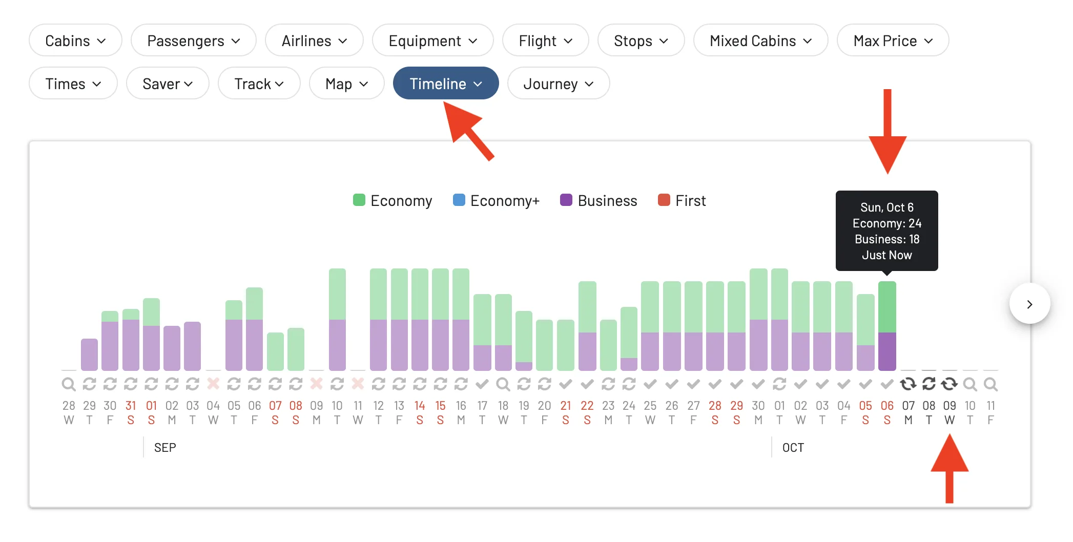 Search results for award flights on AwardFares (Timeline View).