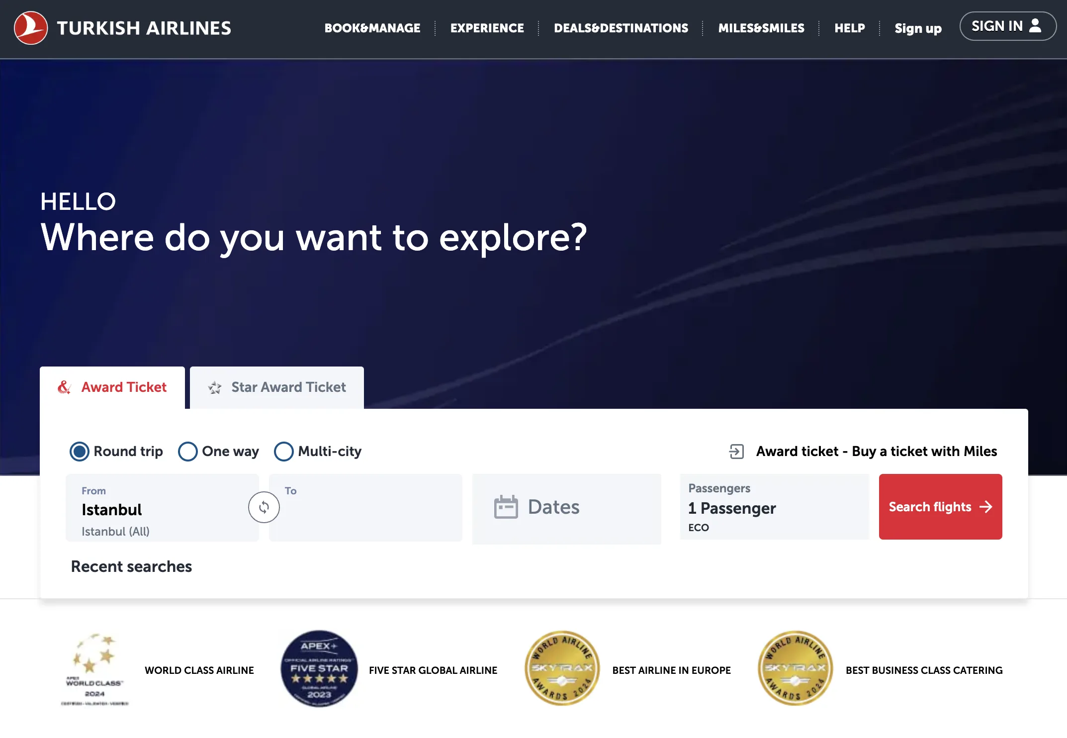 AwardFares redirects you to Turkish Airlines' website to book Miles&Smiles award flights.