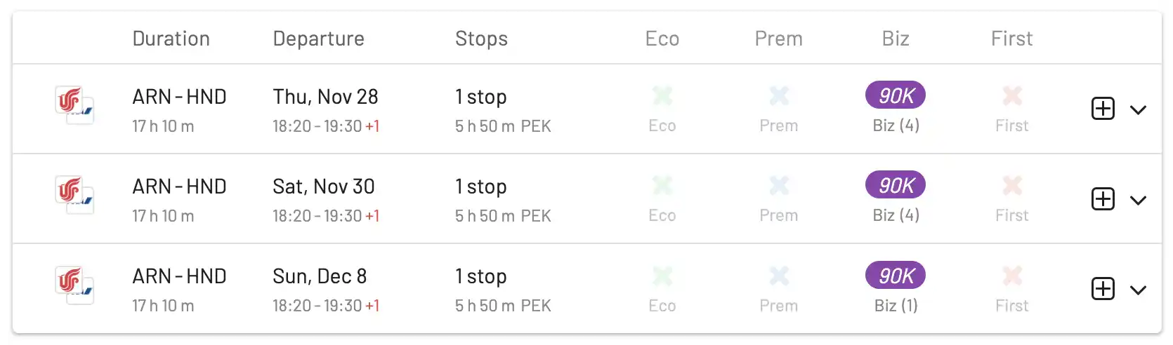 Award flights from Sweden to Japan.