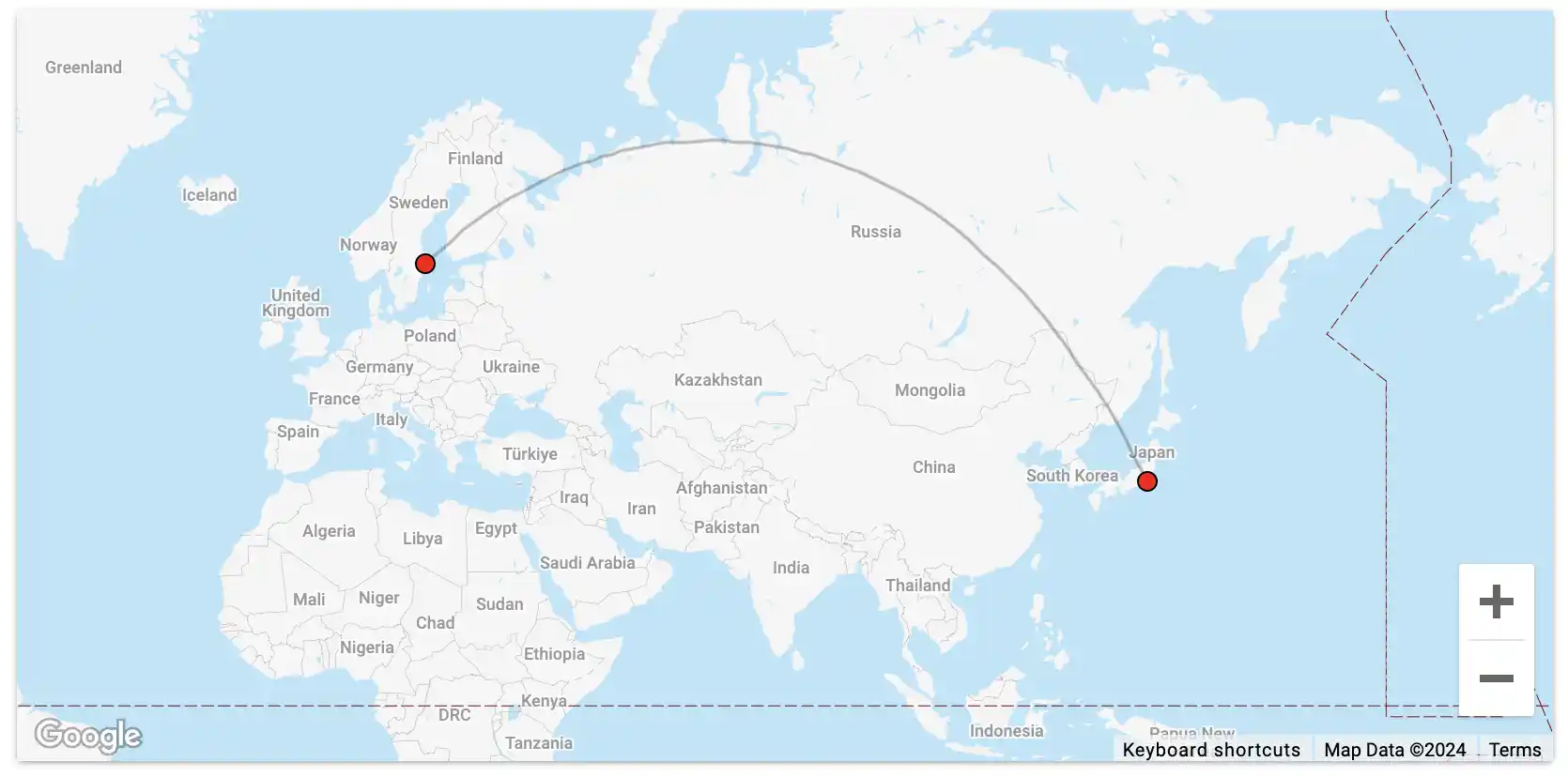 Award route from Sweden to Japan.