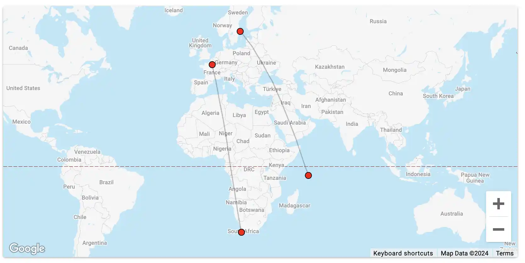 Award routes from Europe to Southern Africa.