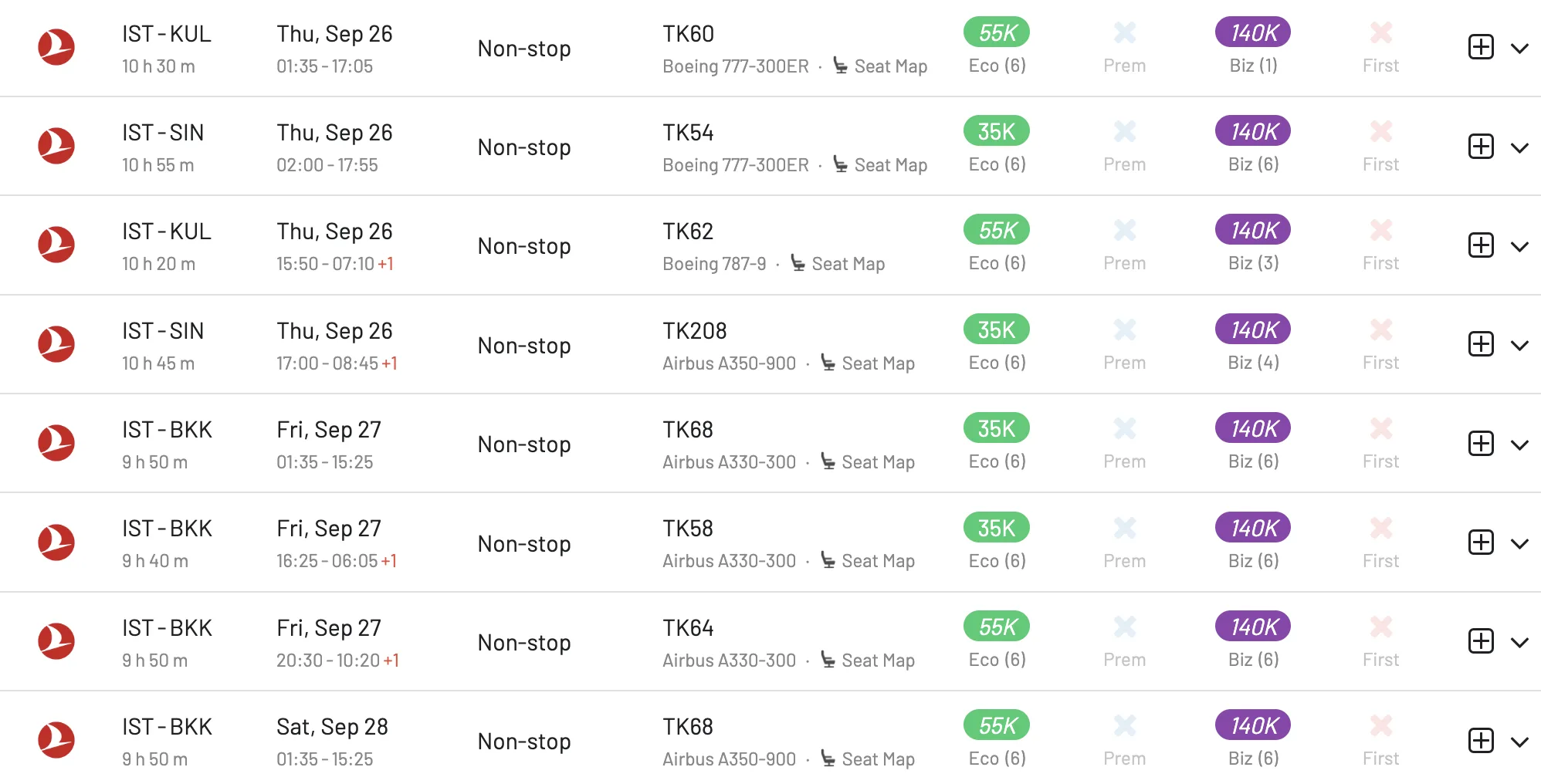 Istanbul (IST) to Bangkok (BKK), Singapore (SIN), or Kuala Lumpur (KUL) with Turkish Airlines Miles&Smiles.