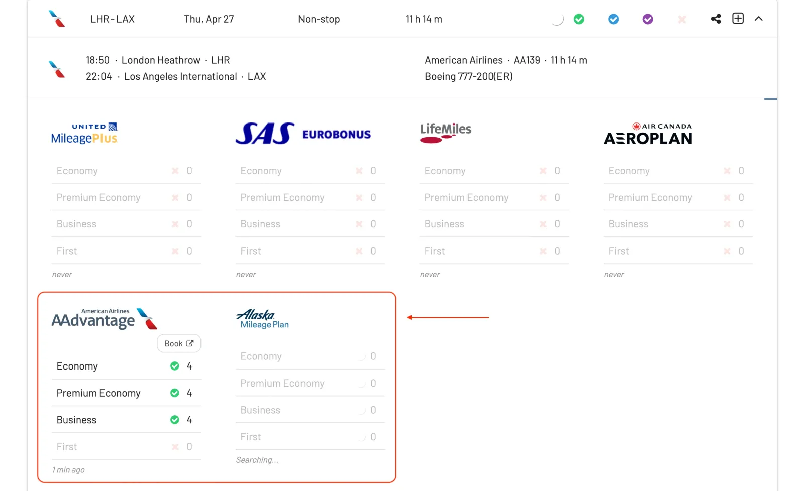 Search American AAdvantage and Alaska MileagePlan availability using AwardFares.