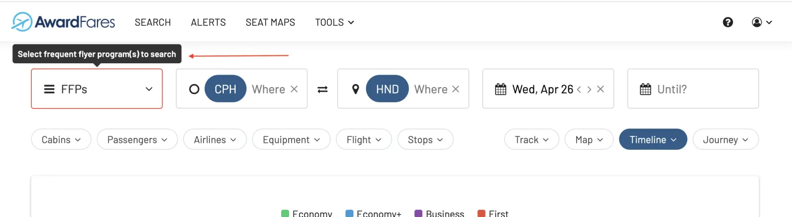 New frequent flyer program picker on AwardFares