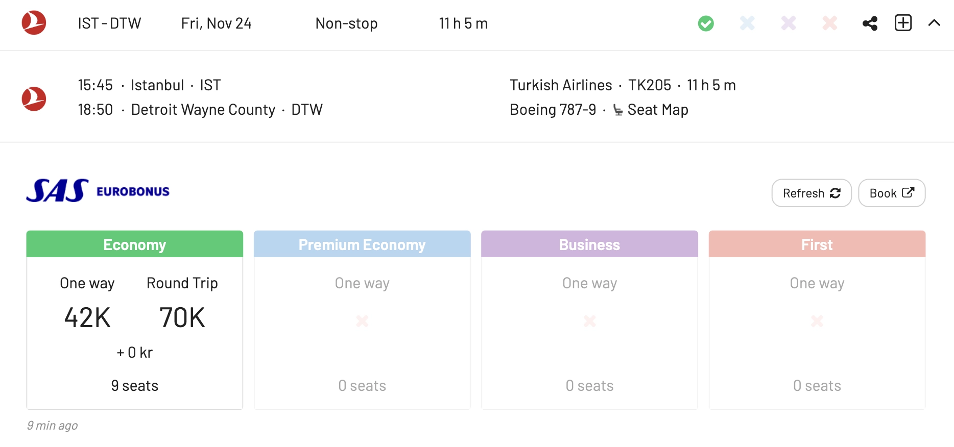 Turkish Airlines Istanbul to Detroit (AwardFares).