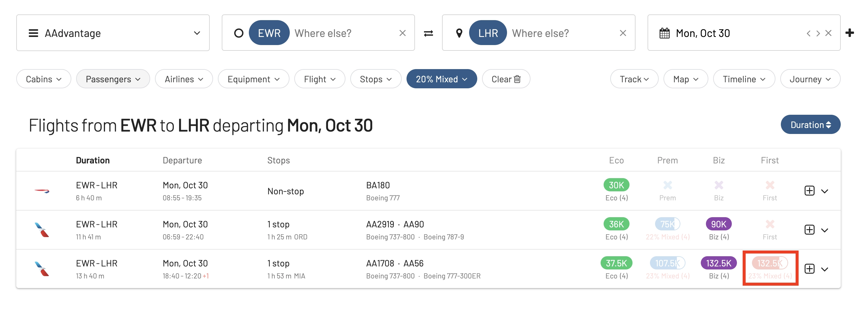 AwardFares Mixed-cabin Filter.