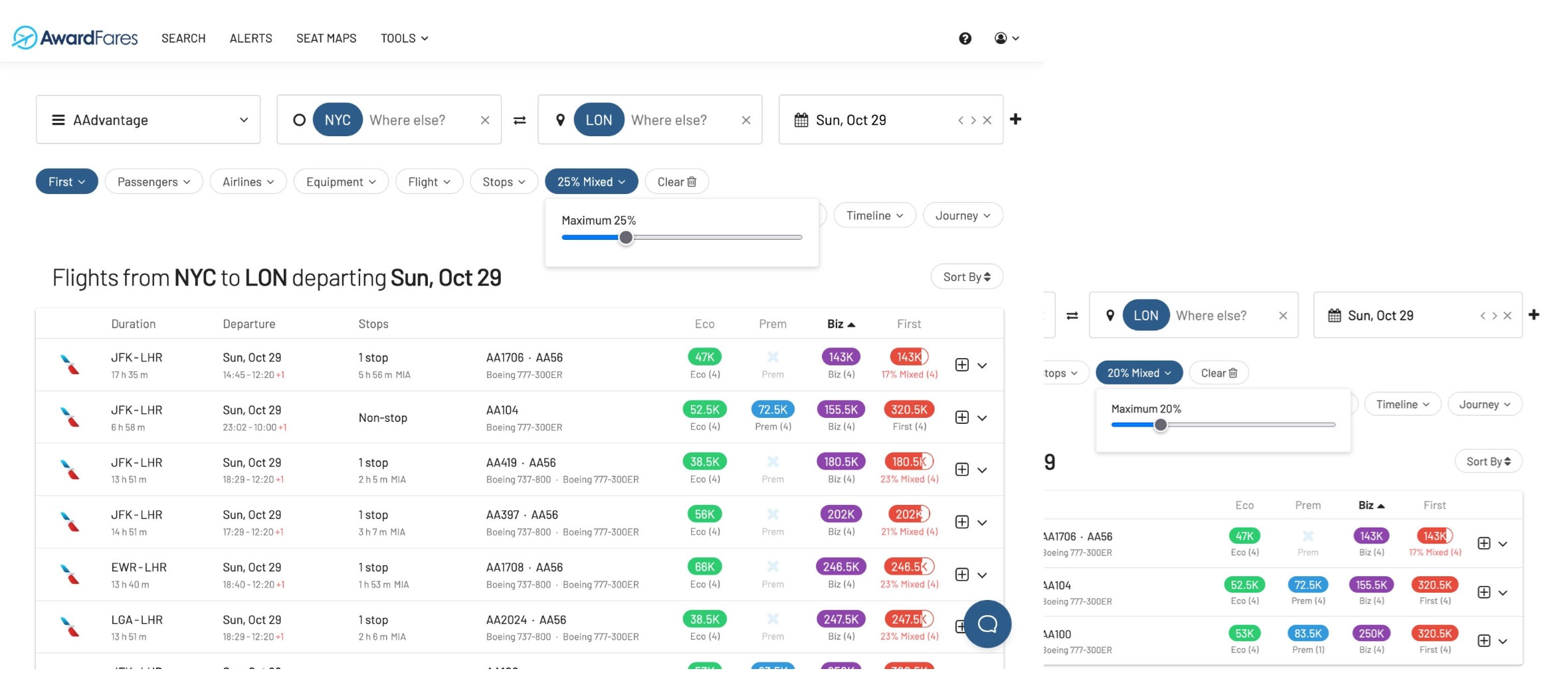 AwardFares Mixed-cabin and Cabin filters.