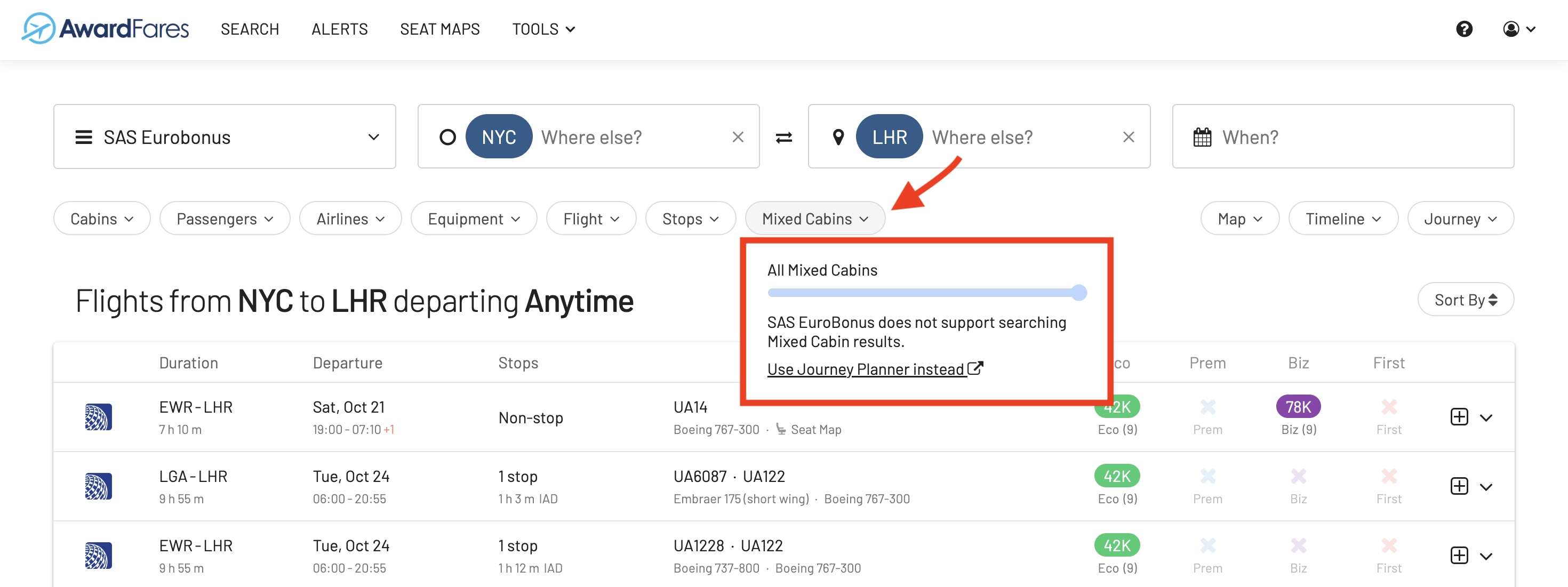 AwardFares Mixed-cabin Filter.