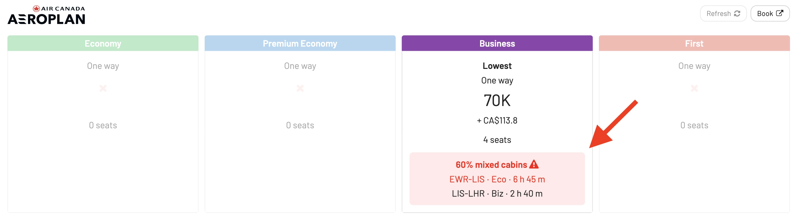 AwardFares Mixed-cabin award flights search.