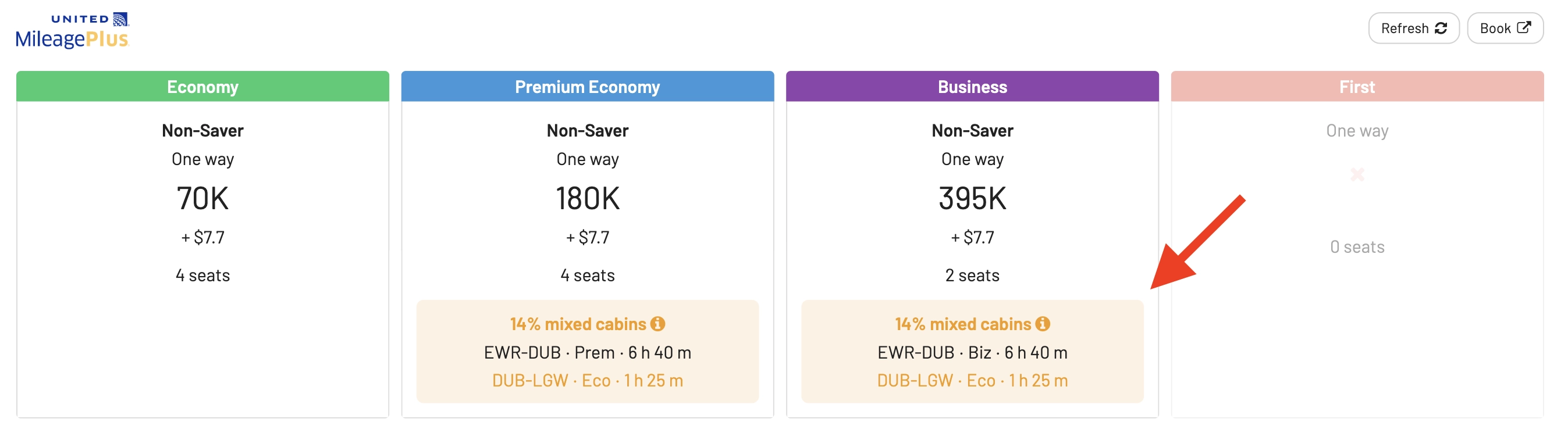 AwardFares Mixed-cabin award flights search.