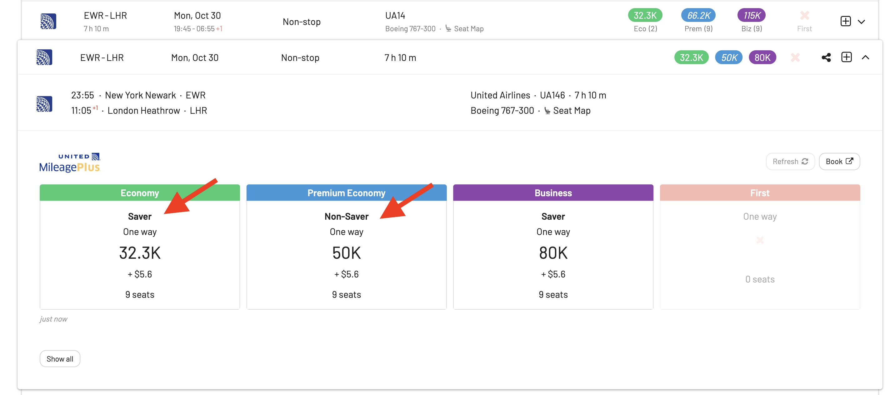 AwardFares shows Saver vs. Non-saver reward availability.