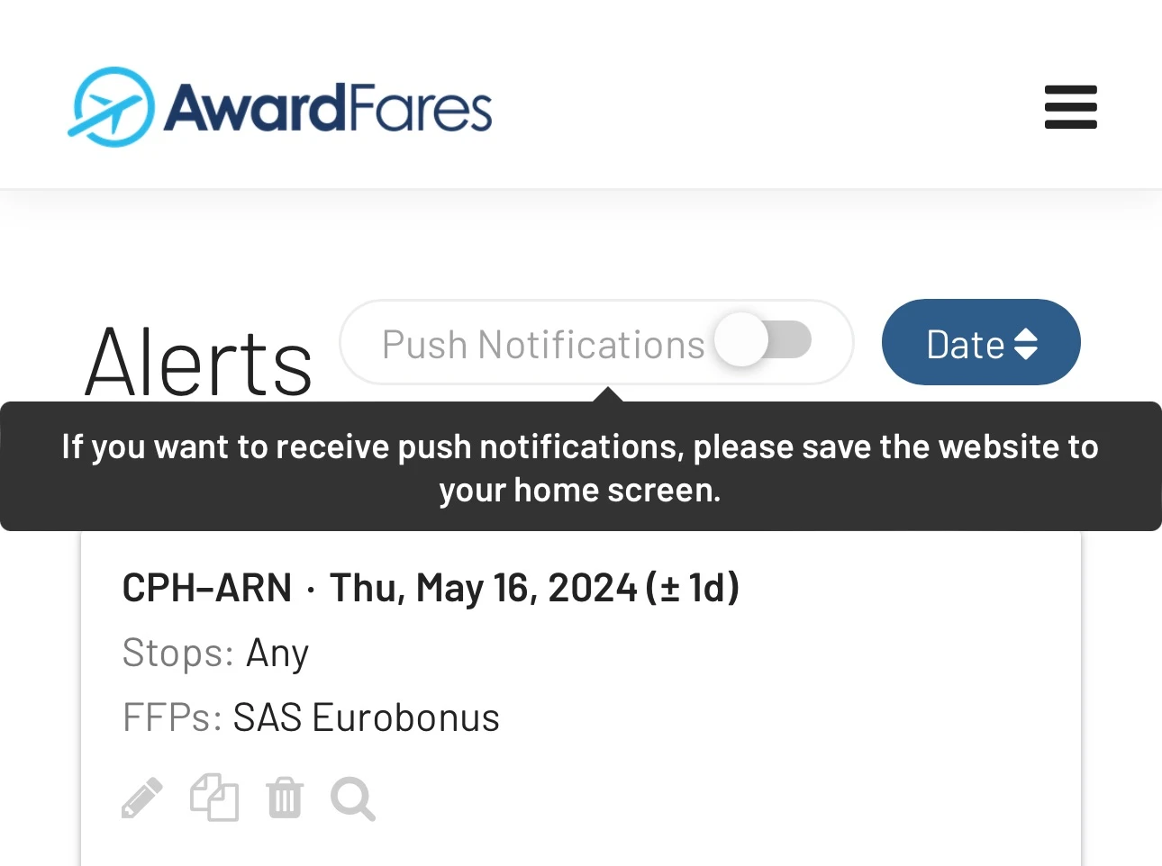 How to enable push notifications for award flights on mobile (AwardFares).