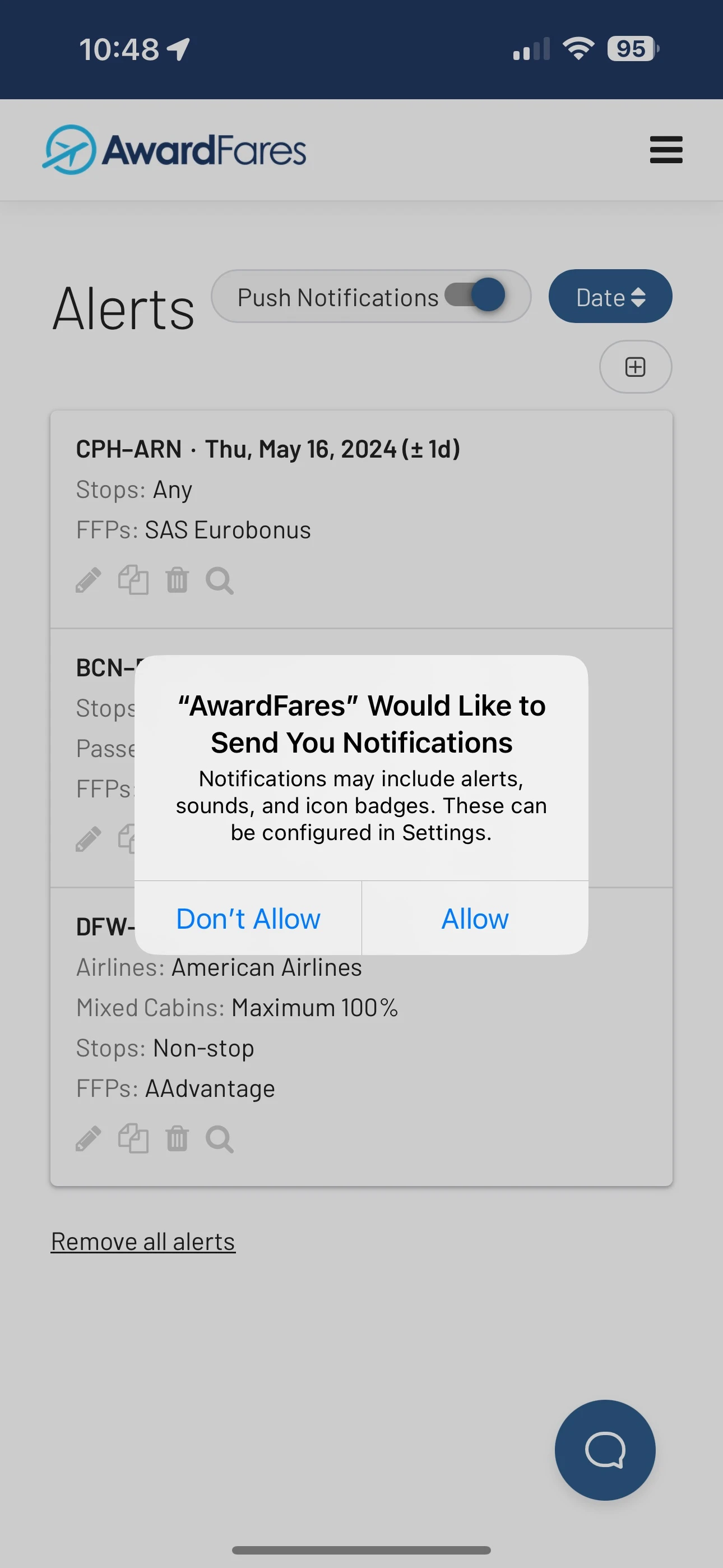 How to enable push notifications for award flights on mobile (AwardFares).