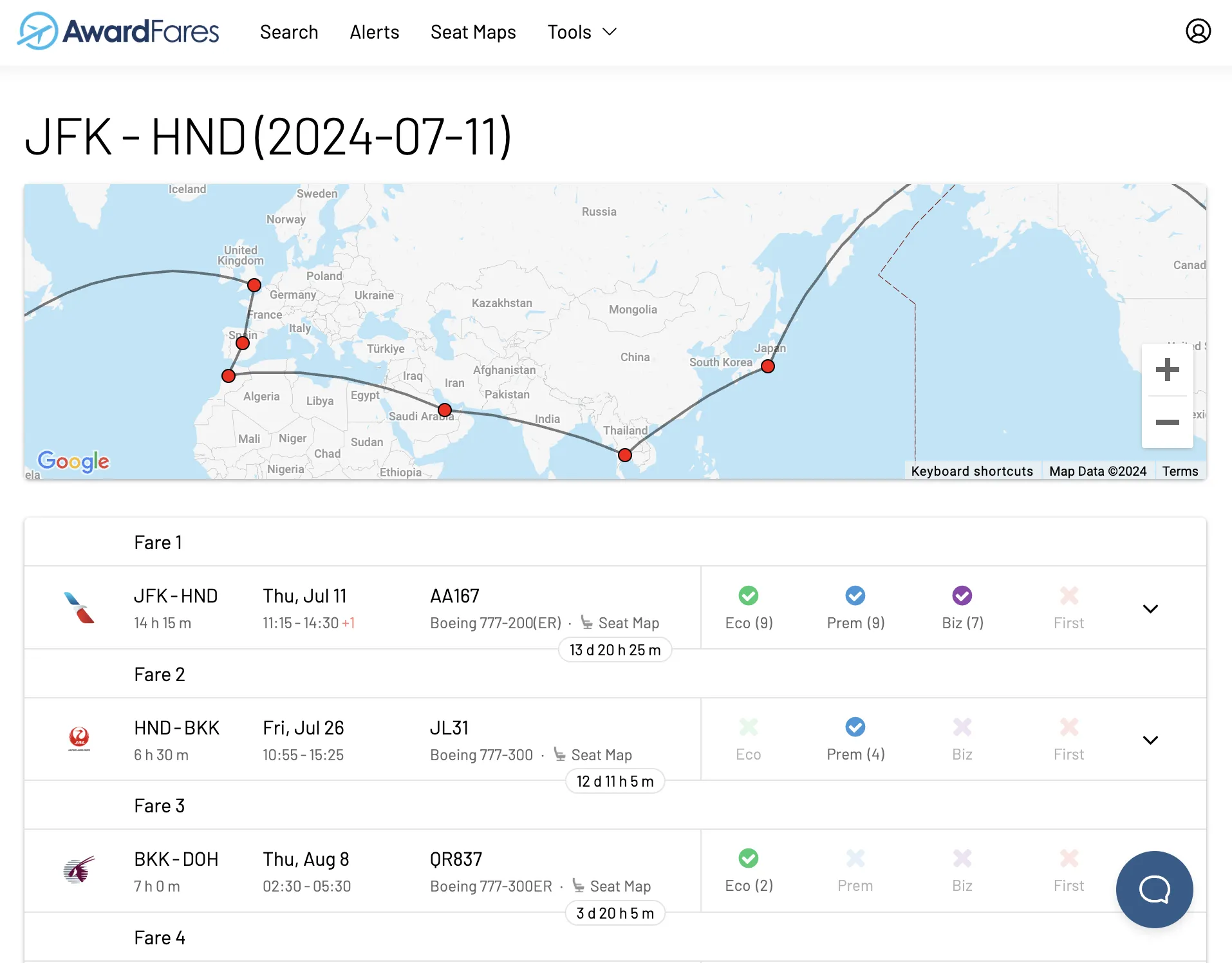 Building a round-the-world award flight with AwardFares.