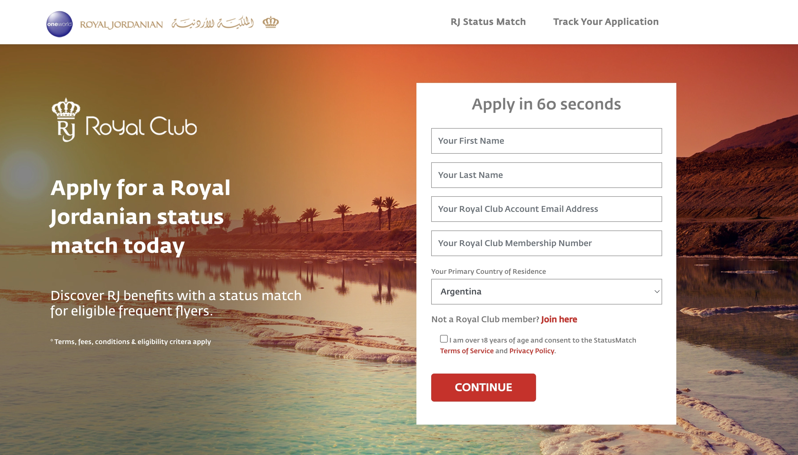 Royal Jordanian Royal Club Status Match Application Page