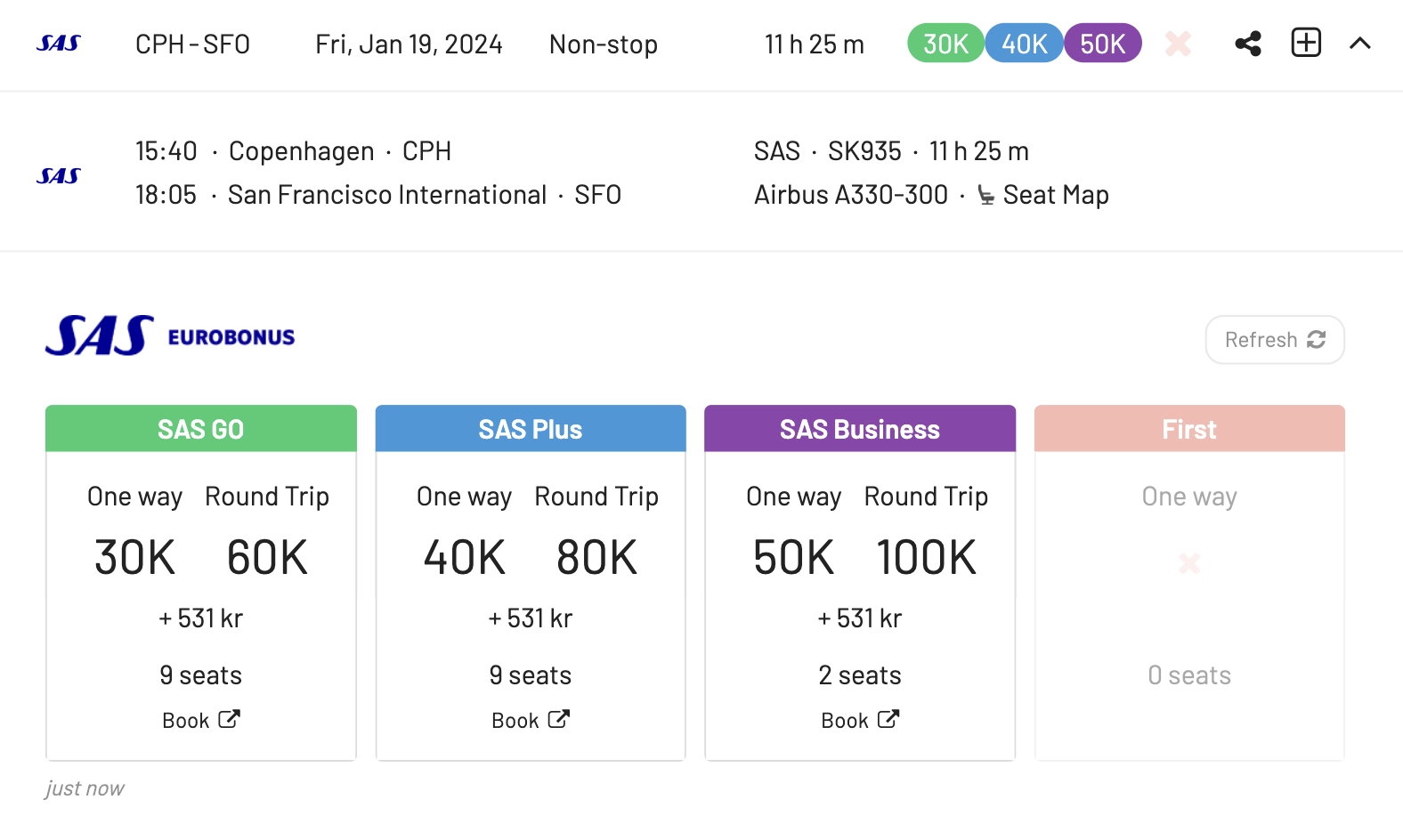 Scandinavia to San Francisco with SAS EuroBonus Points (AwardFares).