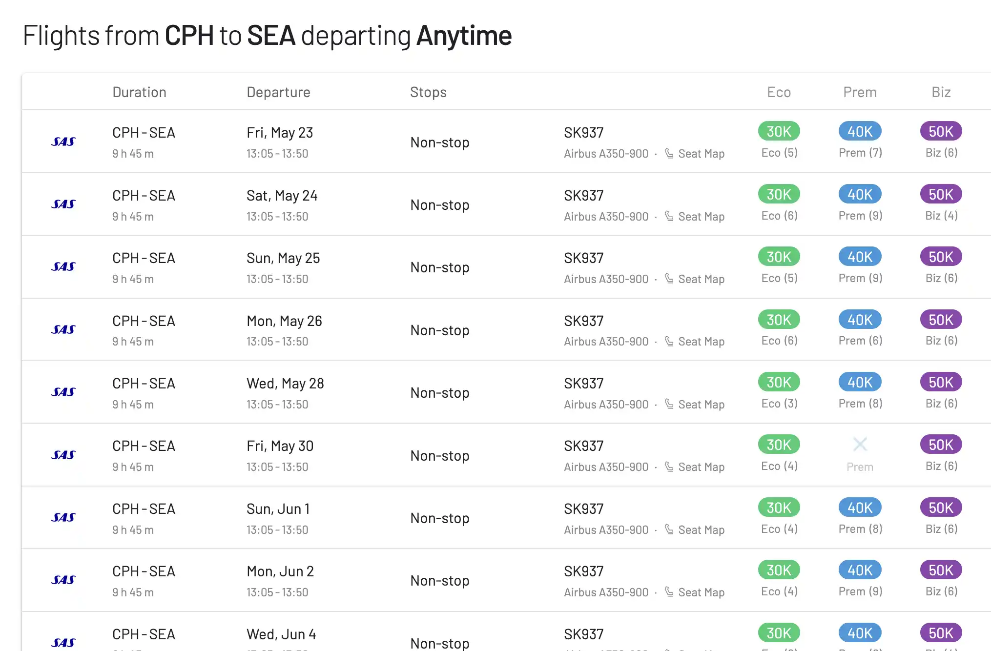 Book the new SAS route from Copenhagen to Seattle in Business Class using EuroBonus points.