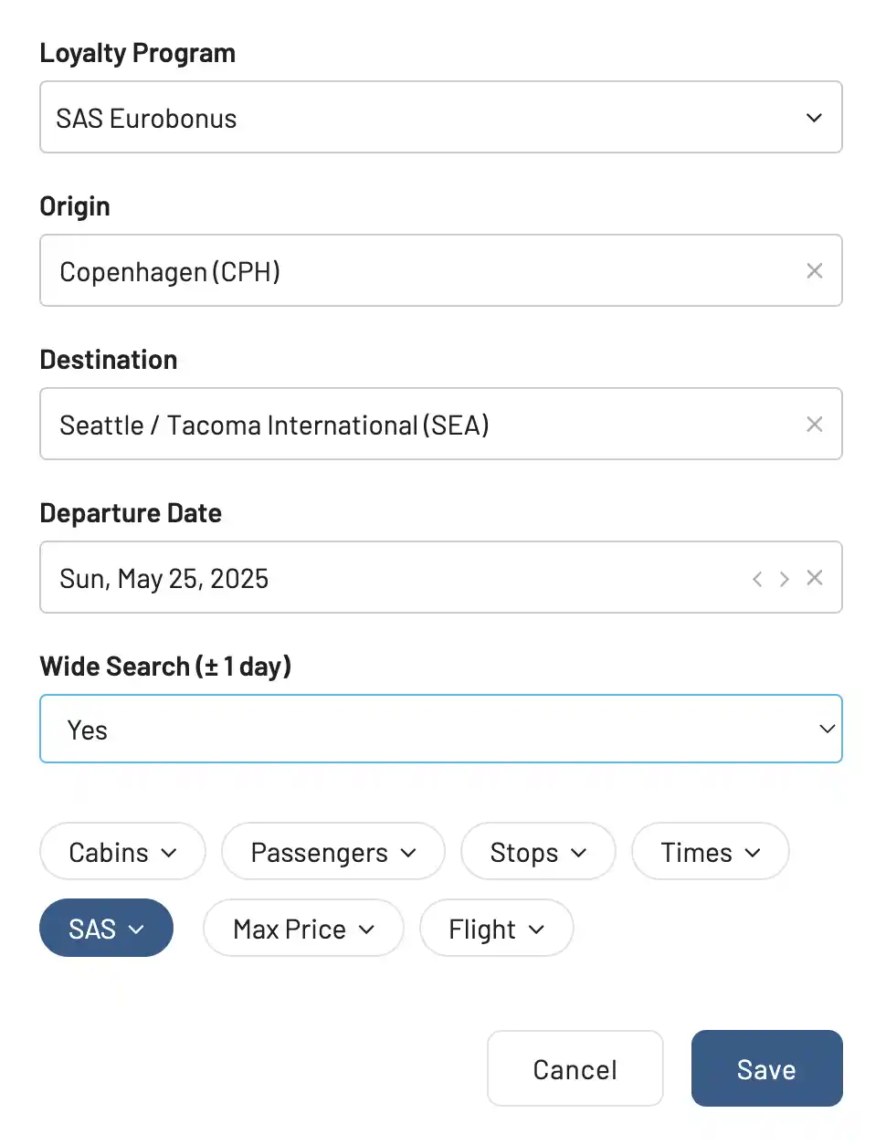 Search for flights using EuroBonus points using AwardFares.