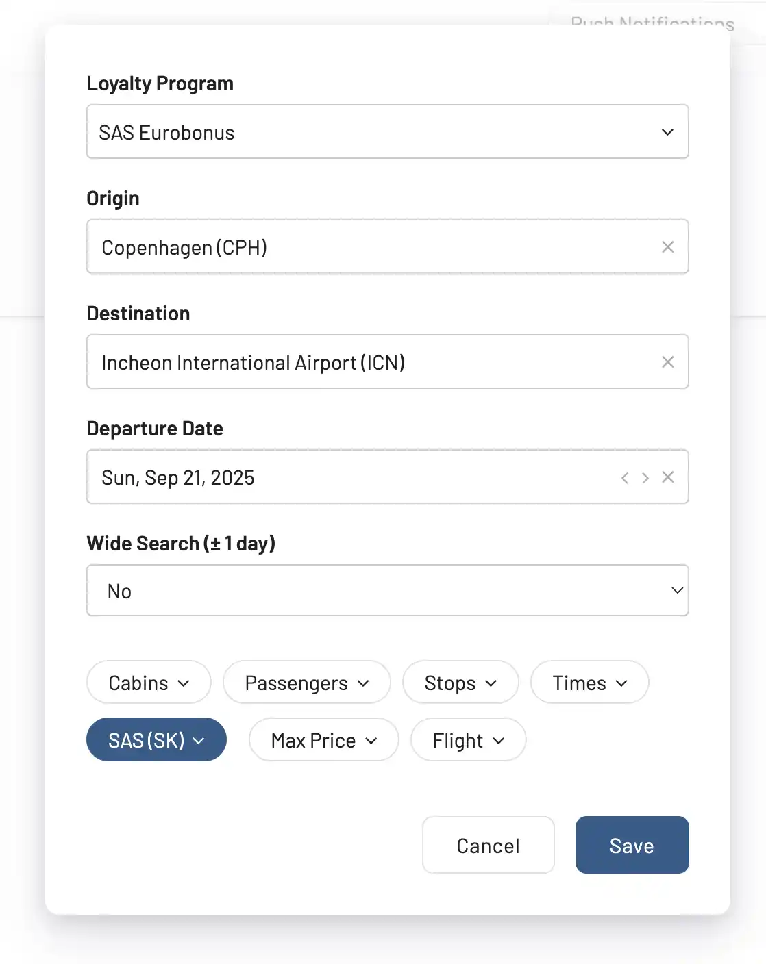 Search for flights to Seoul using EuroBonus points.