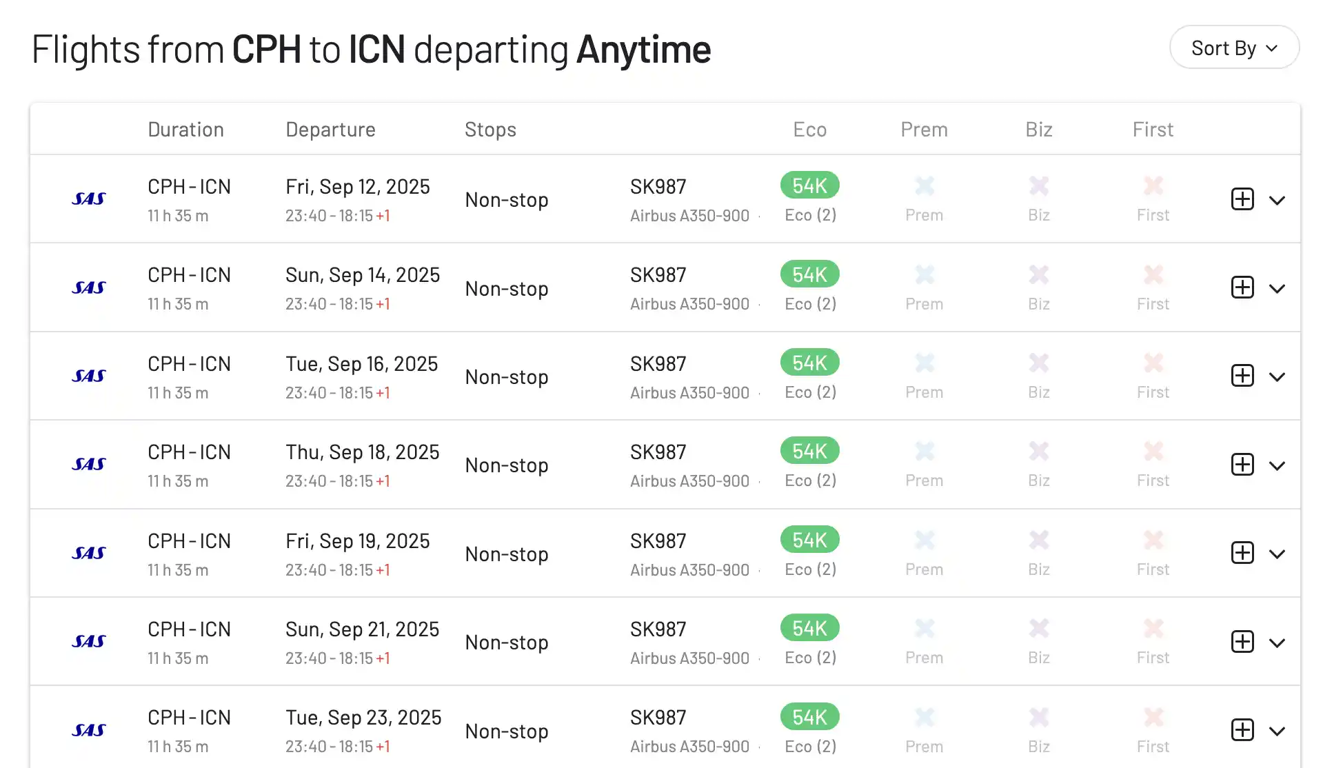 Available awards from Copenhagen to Seoul using EuroBonus poitns.