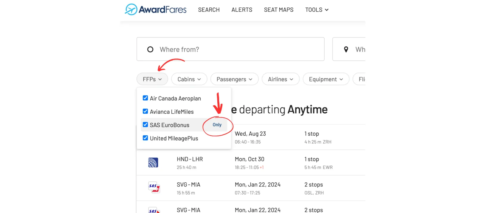 AwardFares filter by frequent flyer program.