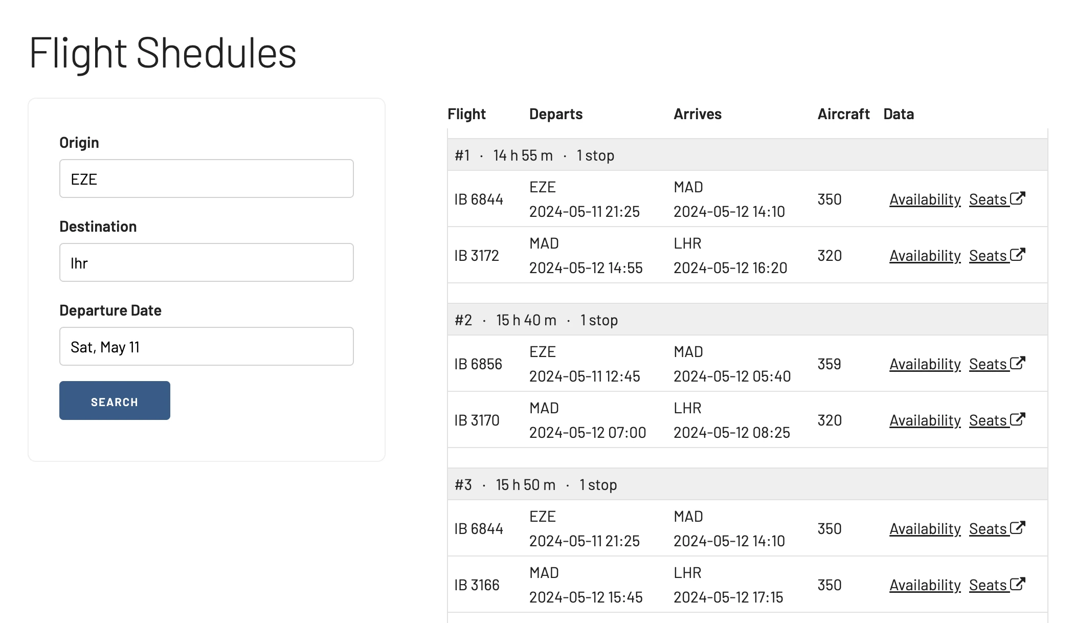 AwardFares lets you check flight schedules for a desired route and date.