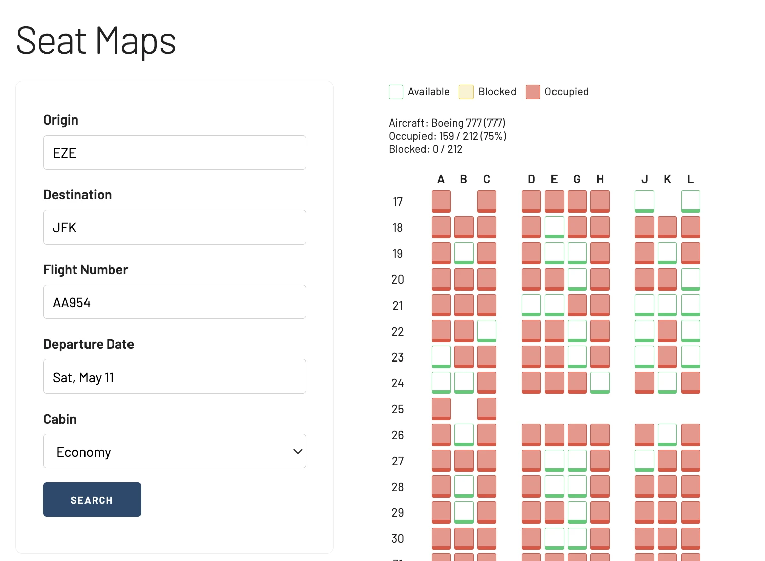 AwardFares allows you to check seat maps on American Airlines, British Airways and Delta Air Lines flights. Check how full is your flight with a few clicks.