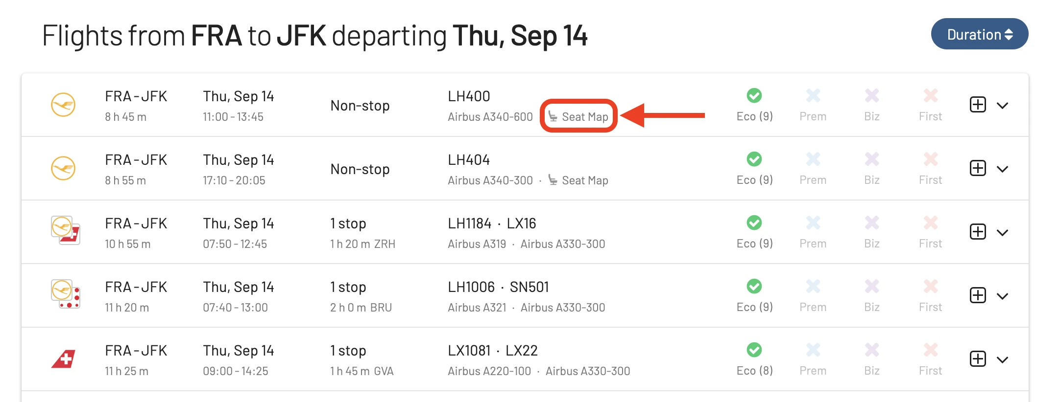 Open the seat map view from AwardFares.