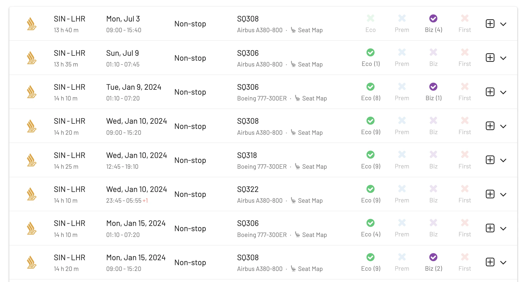 Singapore to London on Singapore Airlines (AwardFares).