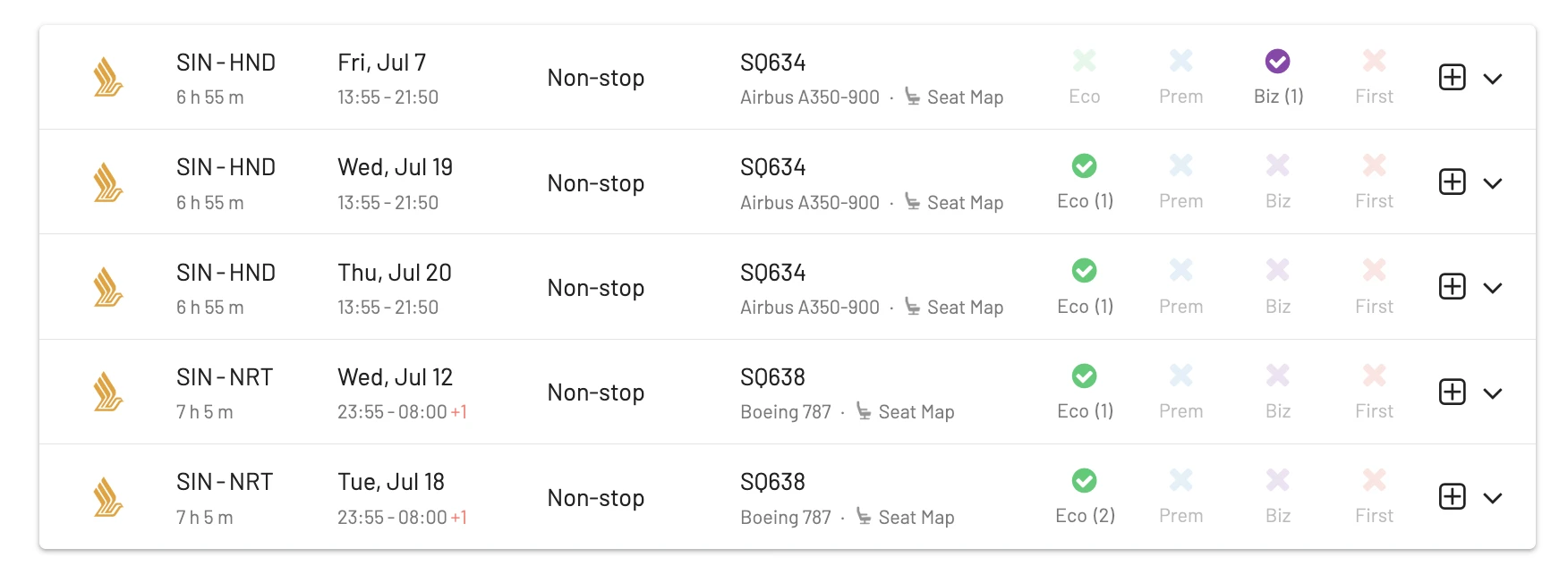 Singapore to Tokyo on Singapore Airlines (AwardFares).