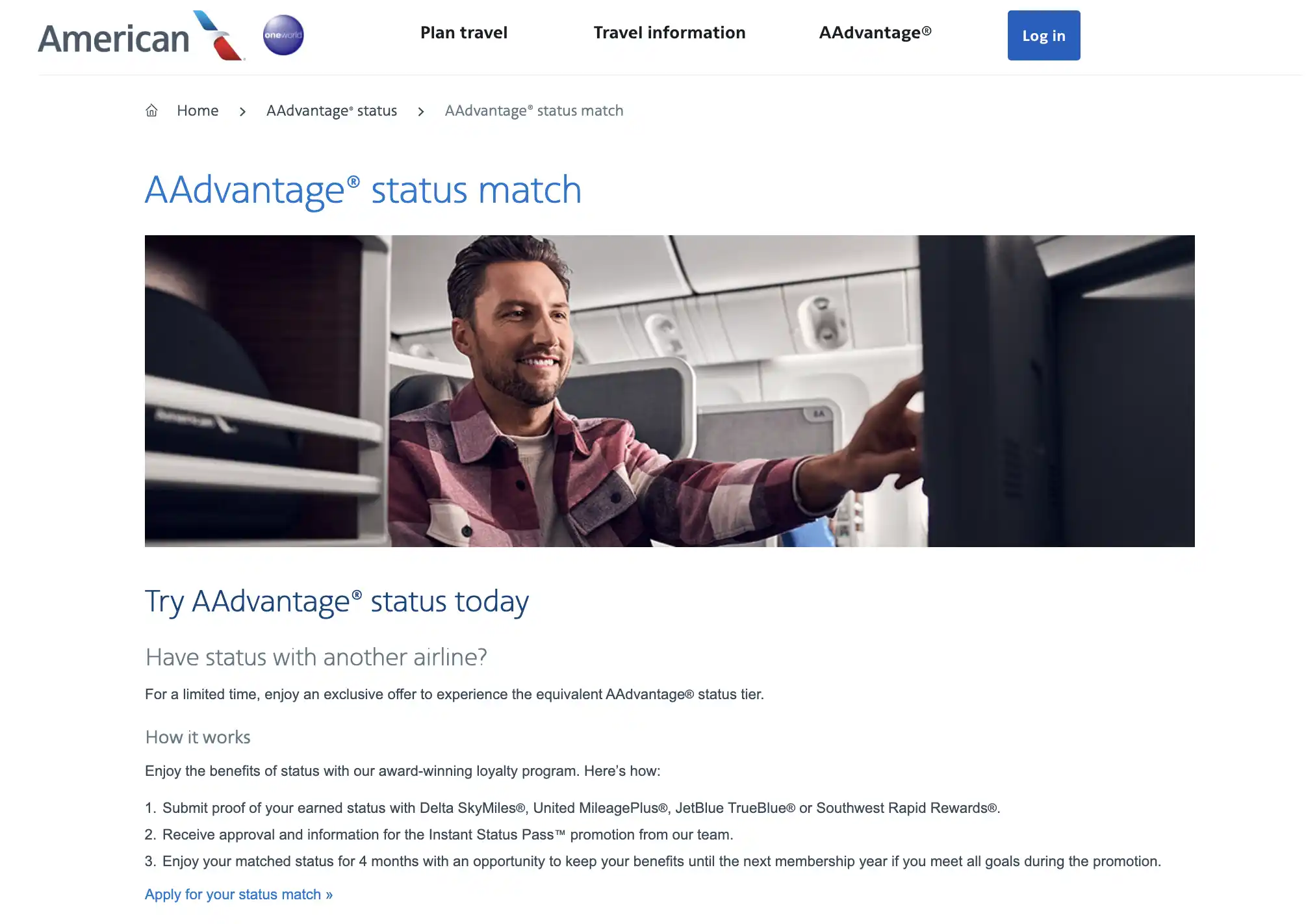 Ongoing American Airlines AAdvantage Status Match Offer.
