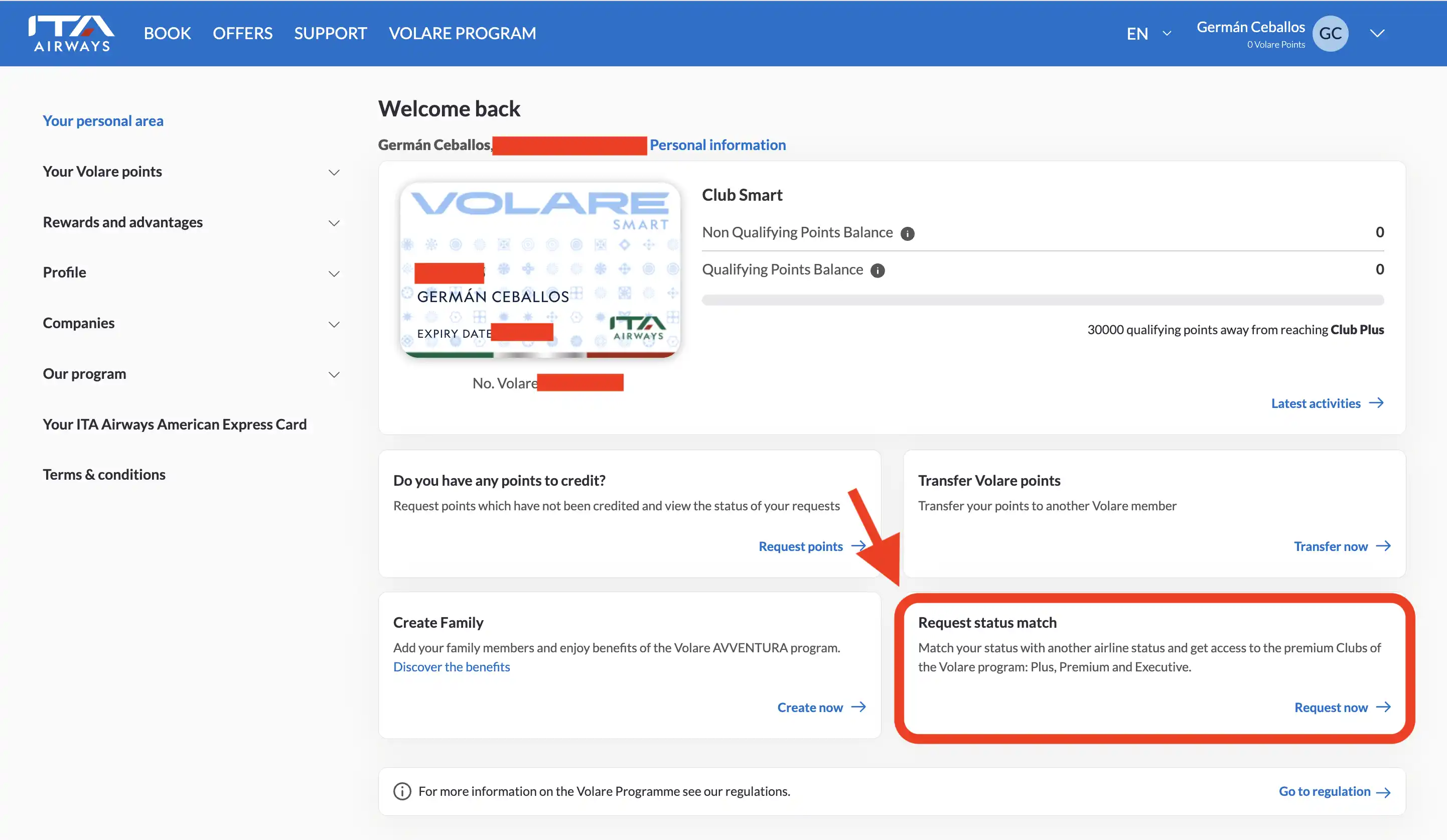 How to apply to ITA Airways Volare status match offer.