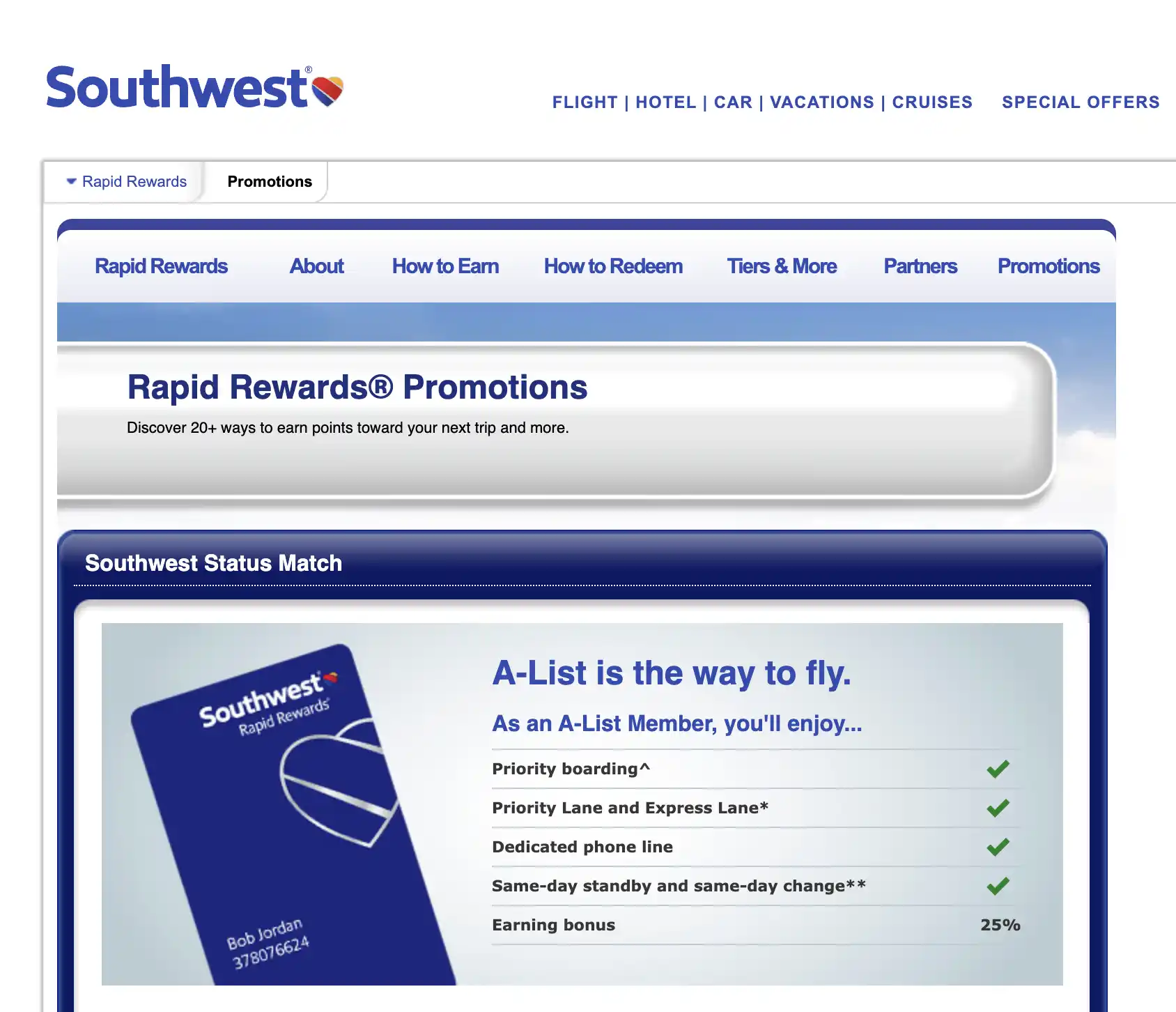Ongoing Southwest Status Match Offer.
