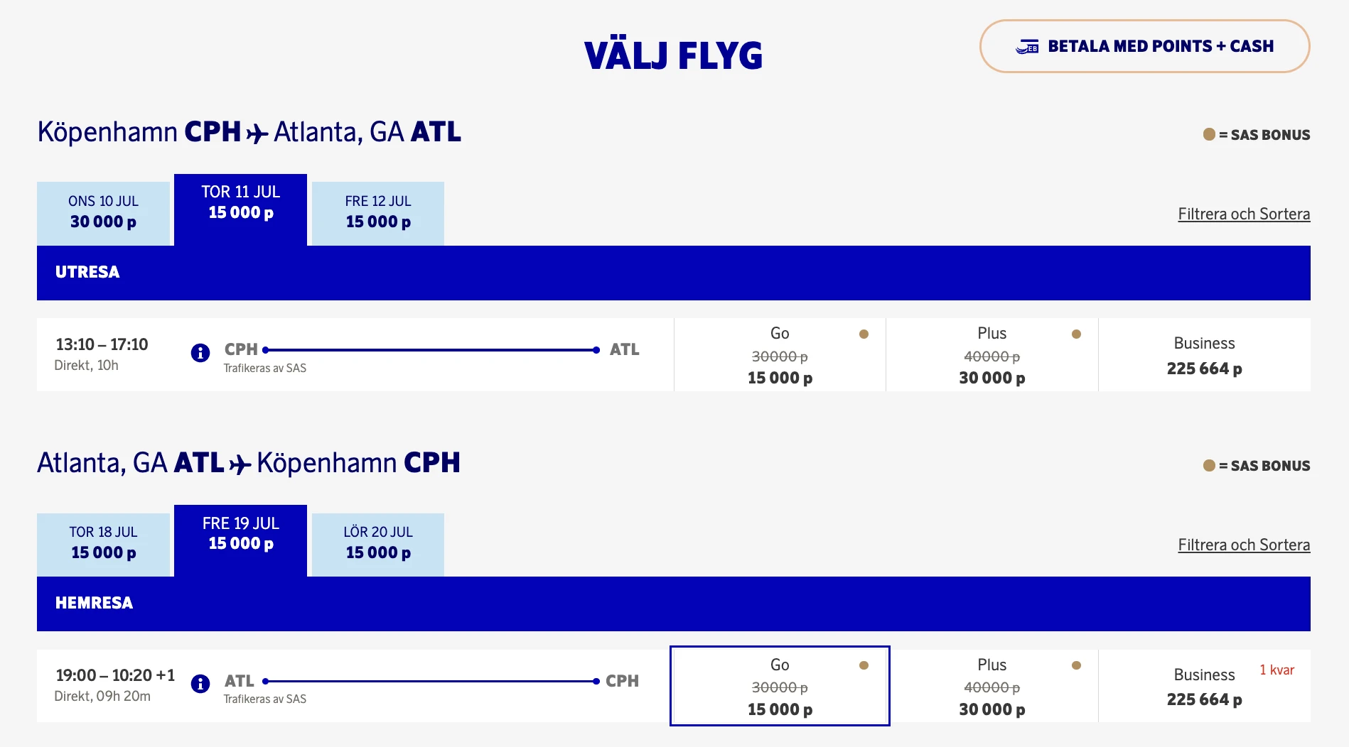 50% discount on EuroBonus award trips to Atlanta.