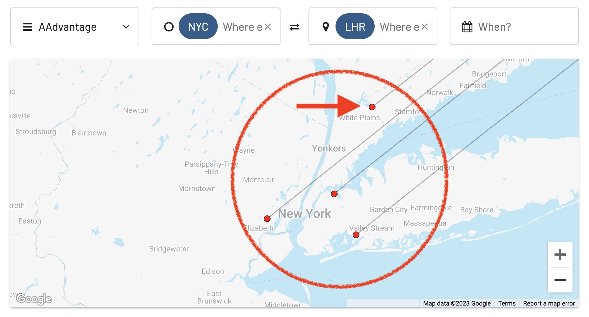 NYC Metro Area Serach in AwardFares.