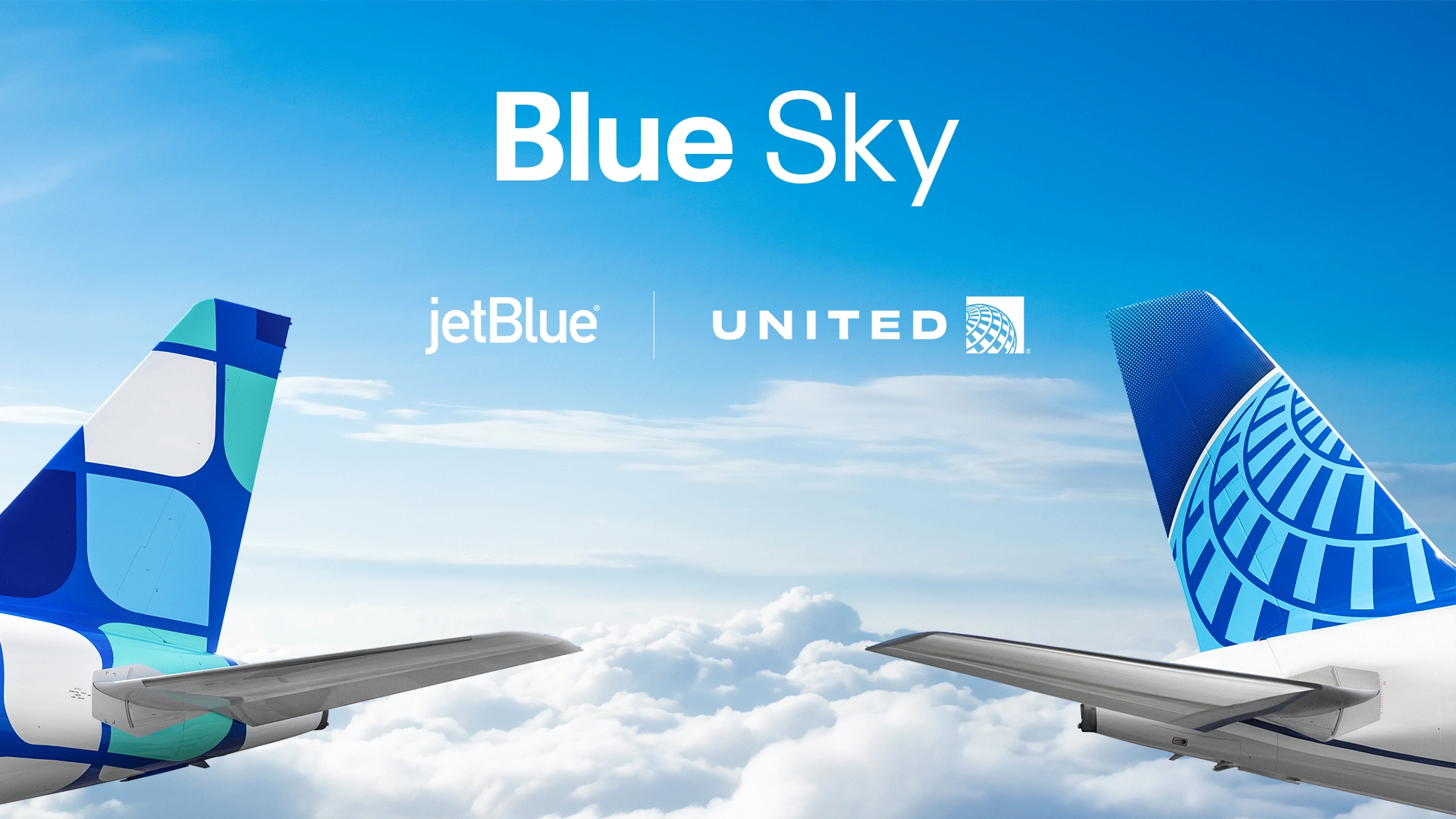 The tail fins of a jetBlue and United Airlines airplane against a blue sky with clouds, featuring the text 'Blue Sky'.