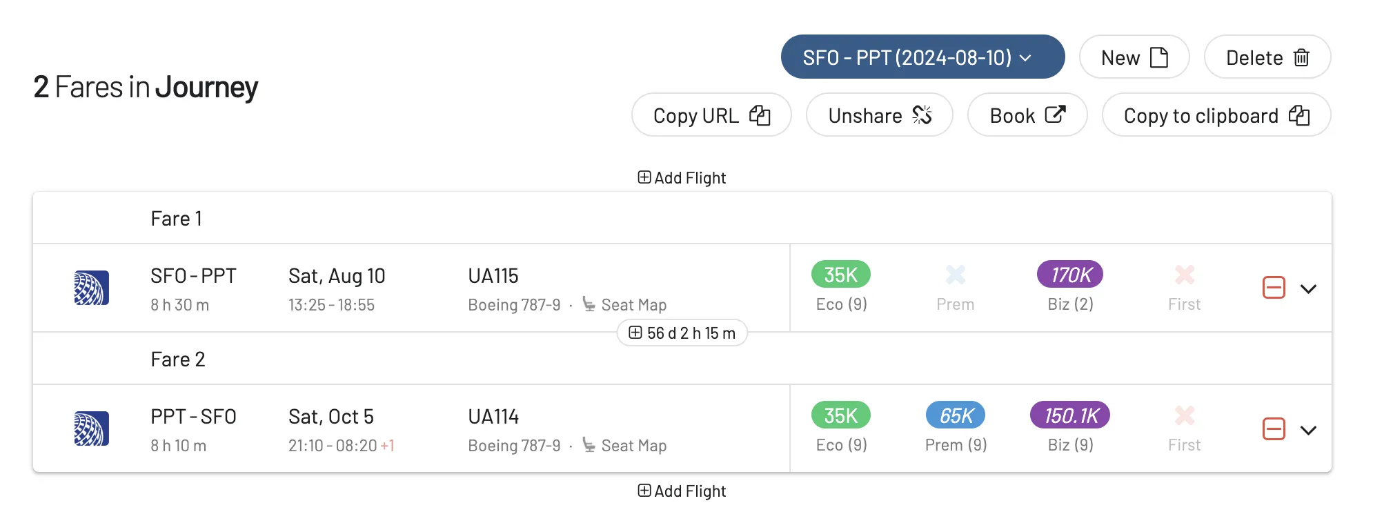 Use the Journey Planner in AwardFares to plan round trips with United MileagePlus.