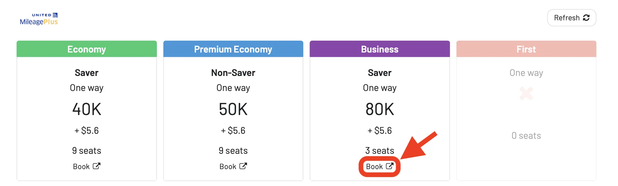 AwardFares redirects you to United's website to book MileagePlus award flights.