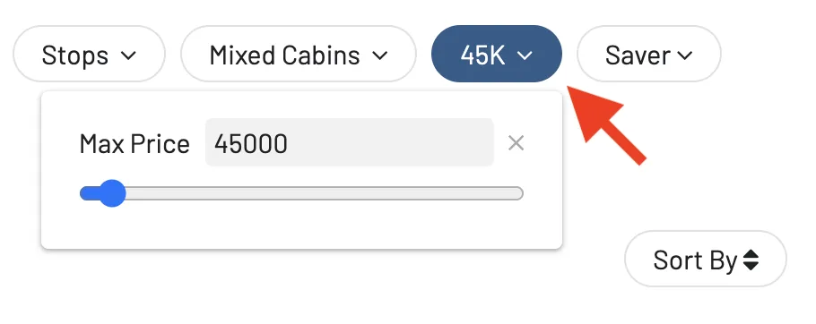 Filter United award flights by price.