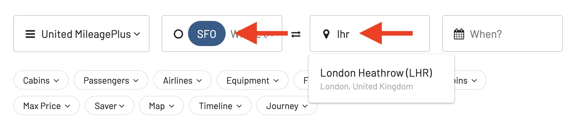 Select the origin and destination city to search for United award flights.