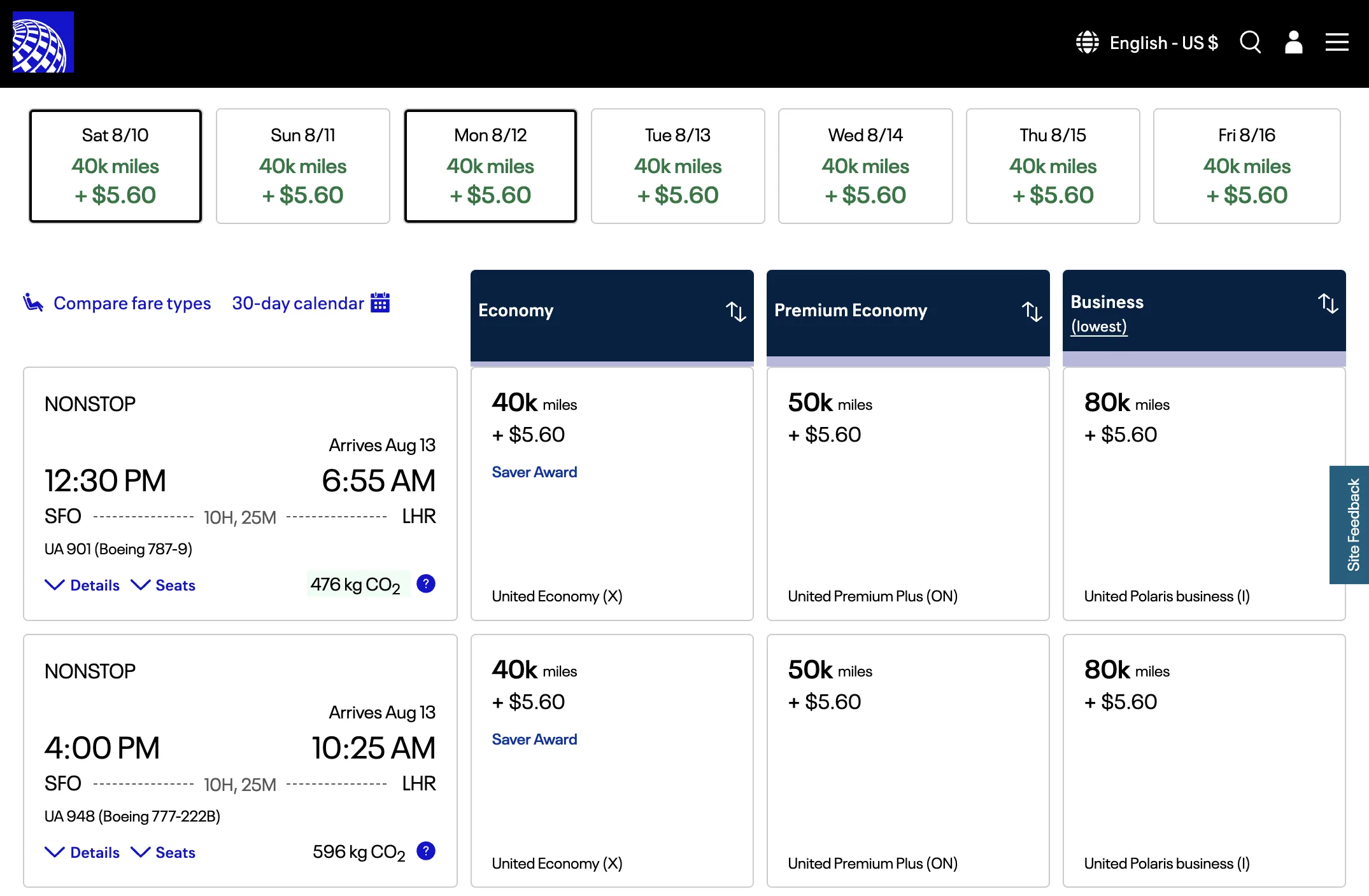 AwardFares redirects you to United's website to book MileagePlus award flights.