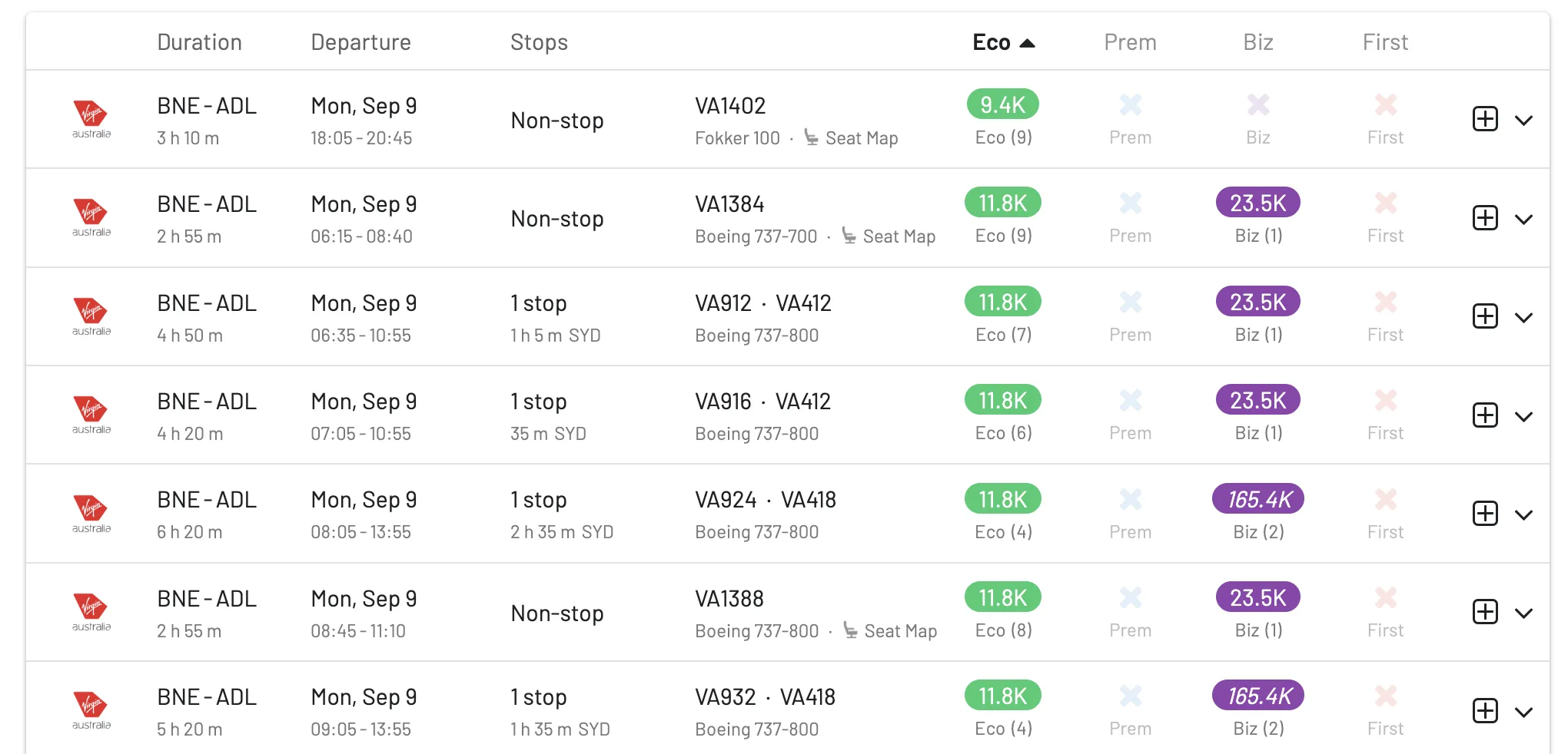 Brisbane to Adelaide award flights with Virgin Australia Velocity Points.