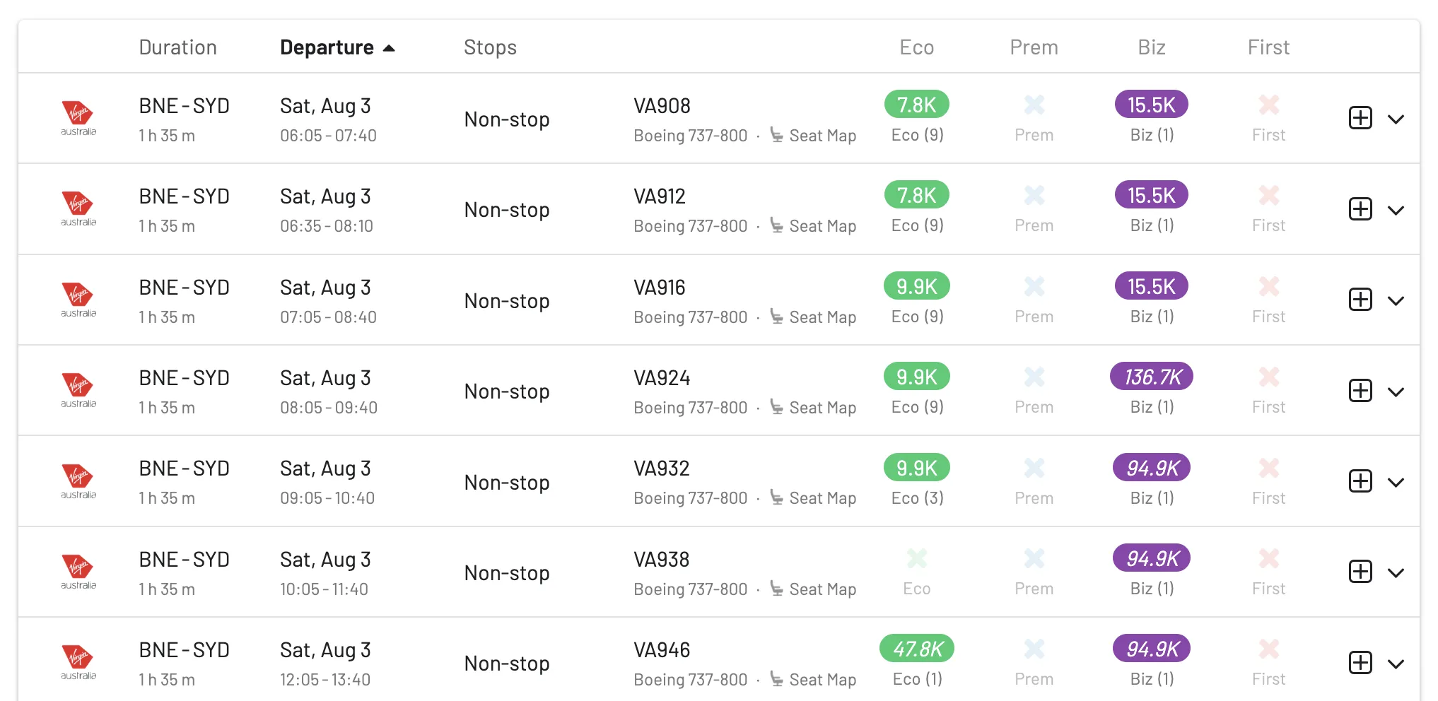 Brisbane to Sydney award flights with Virgin Australia Velocity Points.