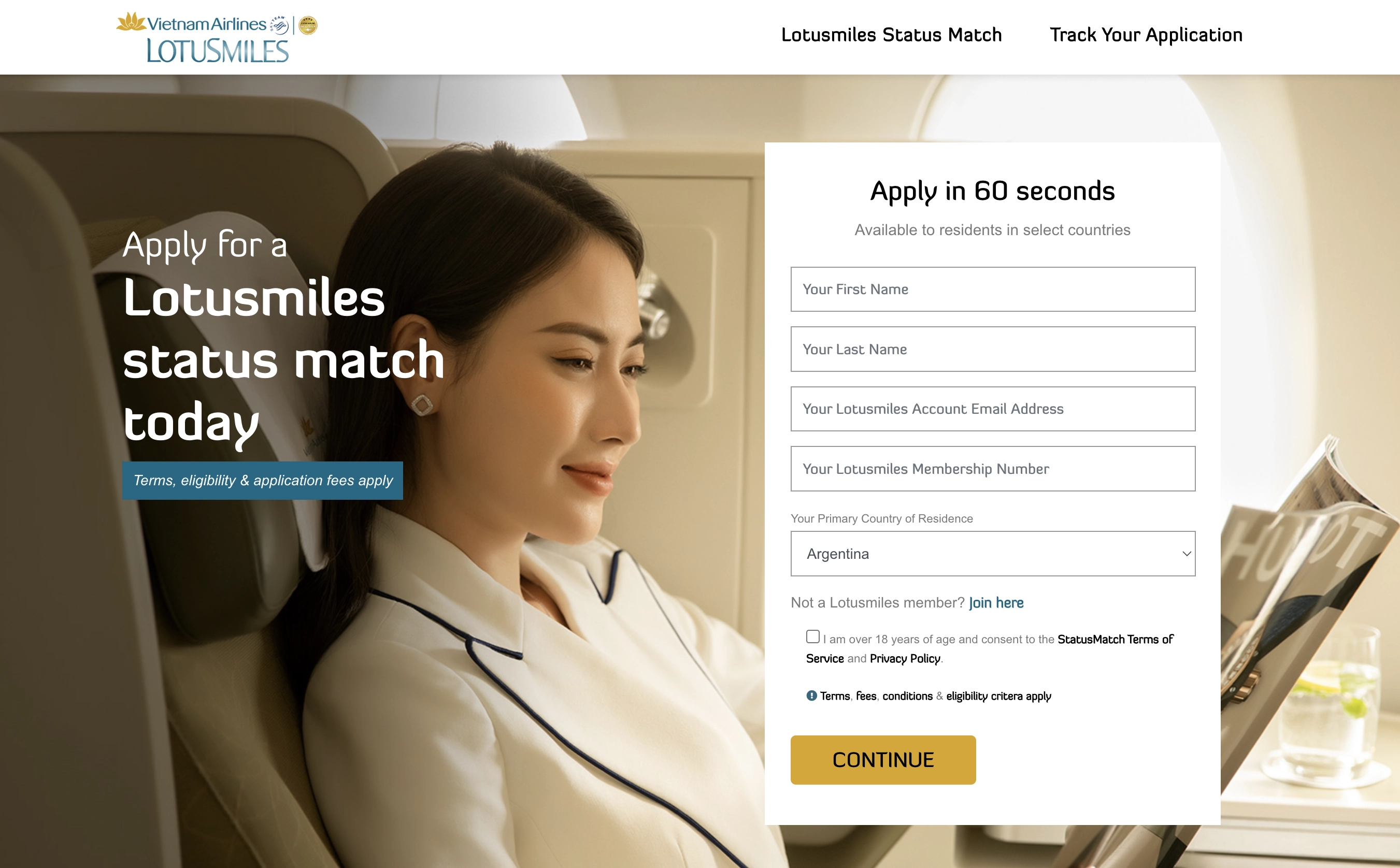 Vietnam Airlines Lotusmiles Status Match Application Page