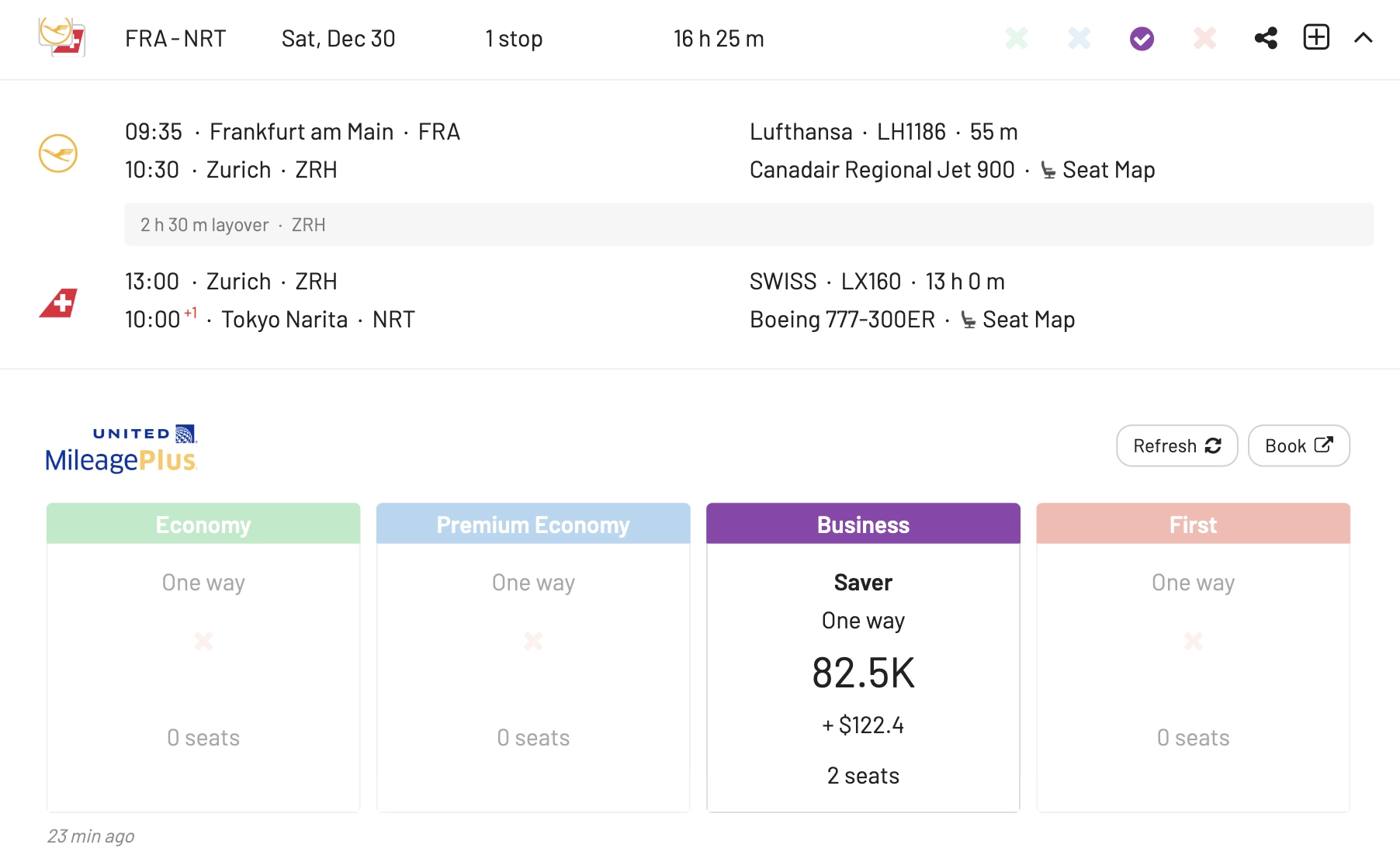  Frankfurt (FRA) to Tokyo (NRT) for 82.5k United MileagePlus miles.